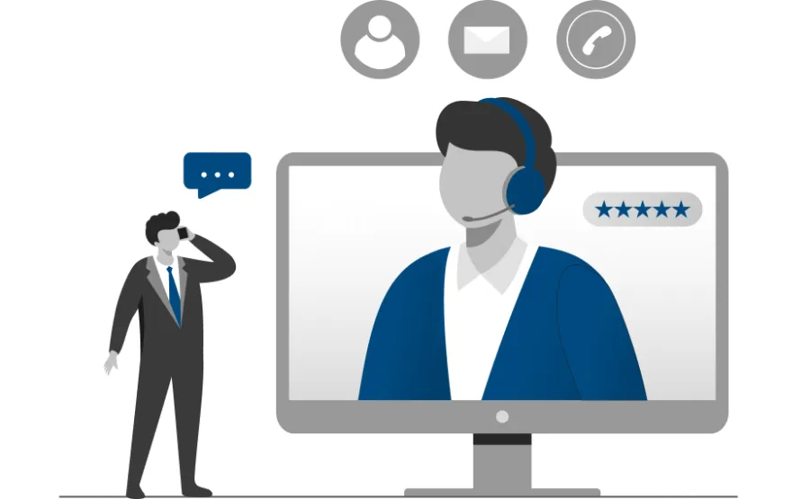 Customer service representative on monitor with headset and five-star rating assisting a businessman.
