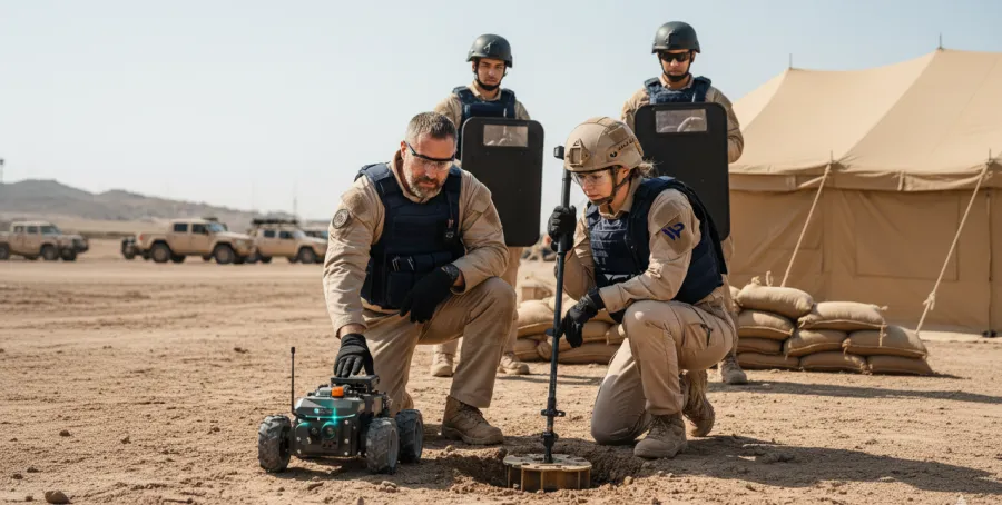 Military personnel using a bomb detection robot and metal detector in desert training exercise near tan tent and armored vehicles.