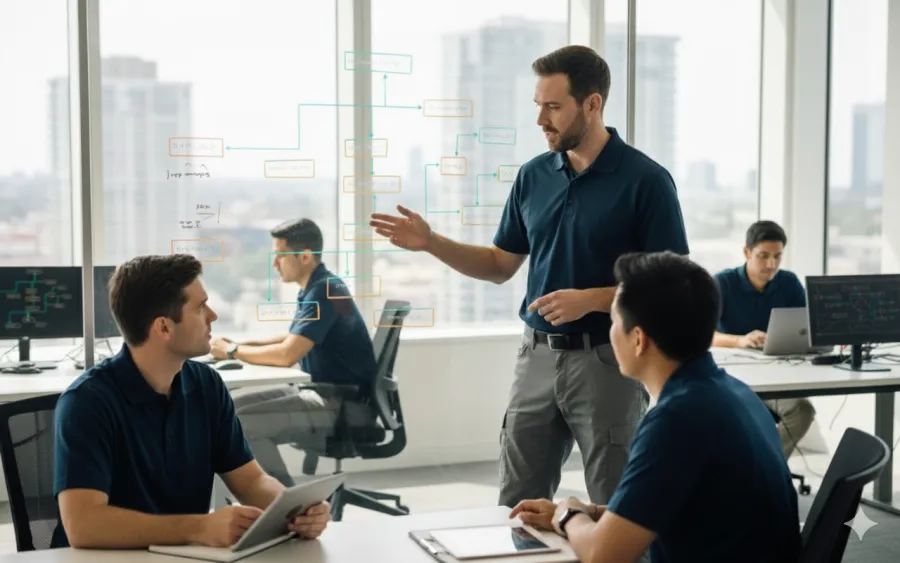 Team of young professionals discussing project plans with flowcharts on glass wall in modern office.