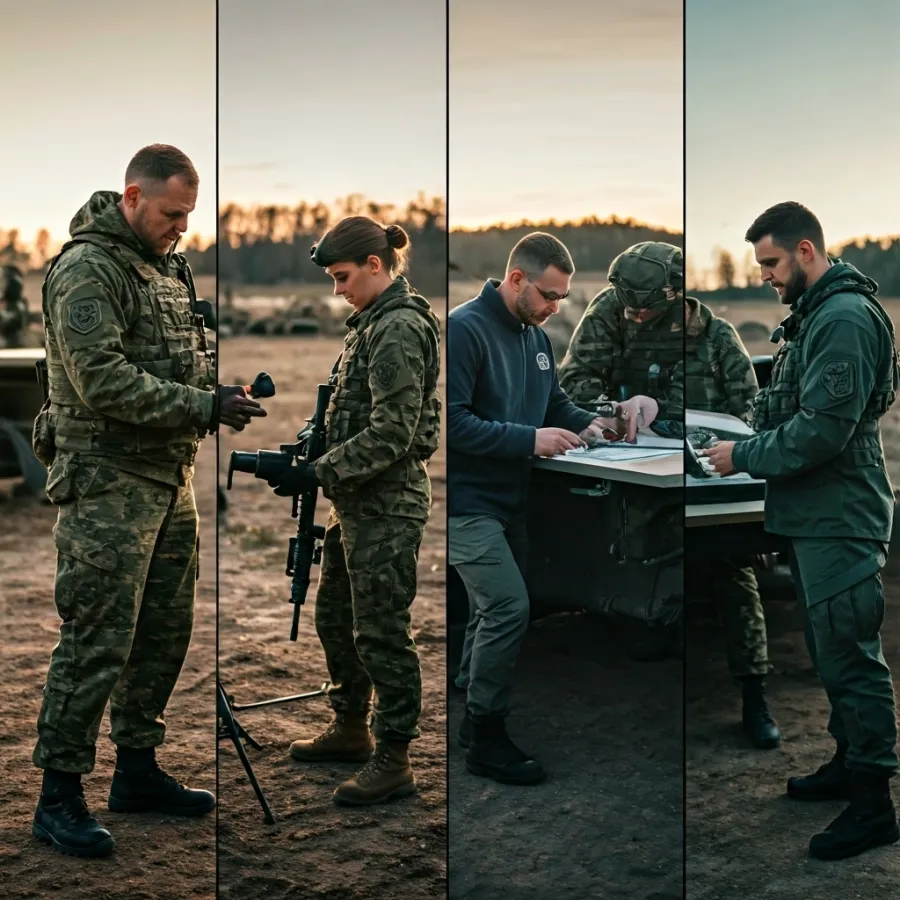 Military personnel in camouflage gear preparing equipment and discussing strategy outdoors at sunset.