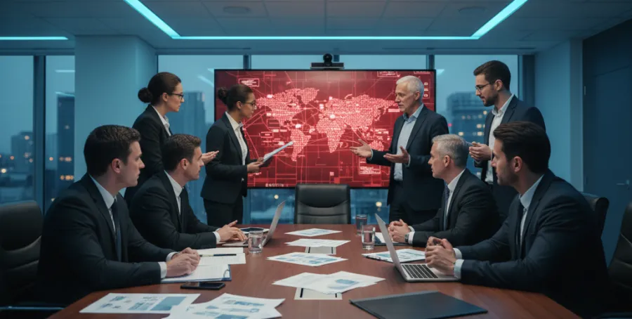 Business team in formal suits having a meeting with global map data on screen in modern office conference room.