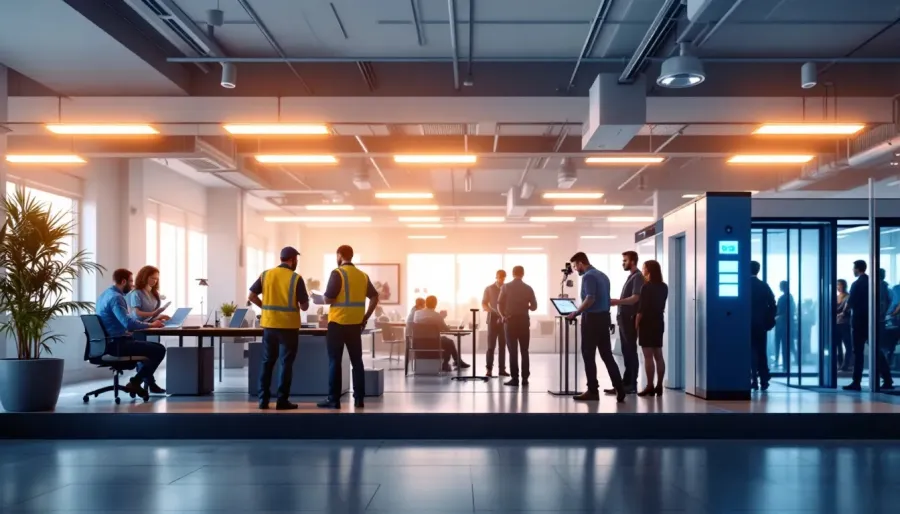 Modern office space with diverse professionals collaborating, working on laptops and discussing in a bright, open environment.