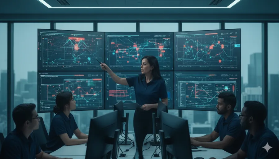 Team analyzing complex data charts on multiple large screens in a modern office with city view.