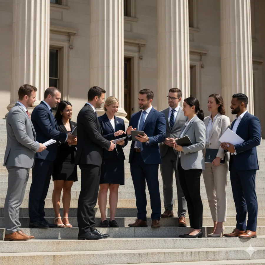Diverse group of business professionals in suits meeting outdoors on government building steps discussing work.