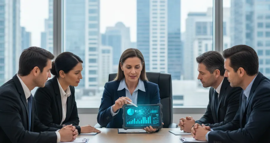 Businesswoman presenting data analytics on a tablet to four colleagues in a modern office meeting room.