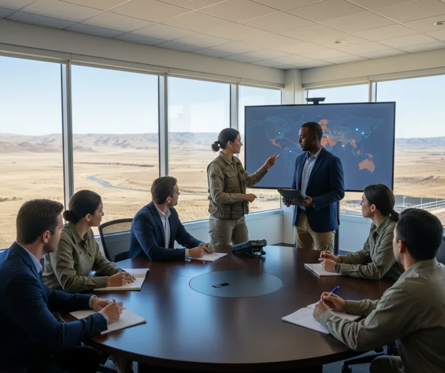 Military and business team in a conference room discussing global maps on a screen with desert landscape outside windows.