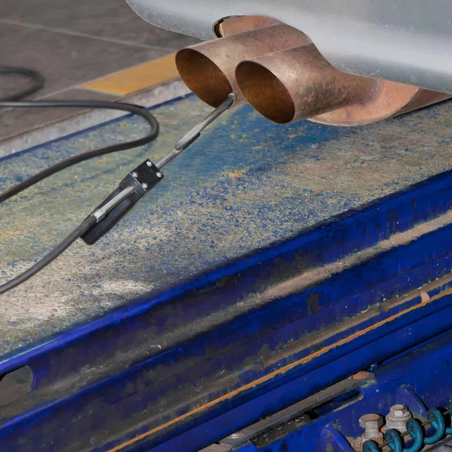 Close-up of car exhaust pipes with testing probe inserted on a blue workshop surface.